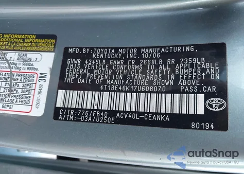 2007 Toyota Camry Le z USA, uszkodzony, nr VIN 4T1BE46K17U608070